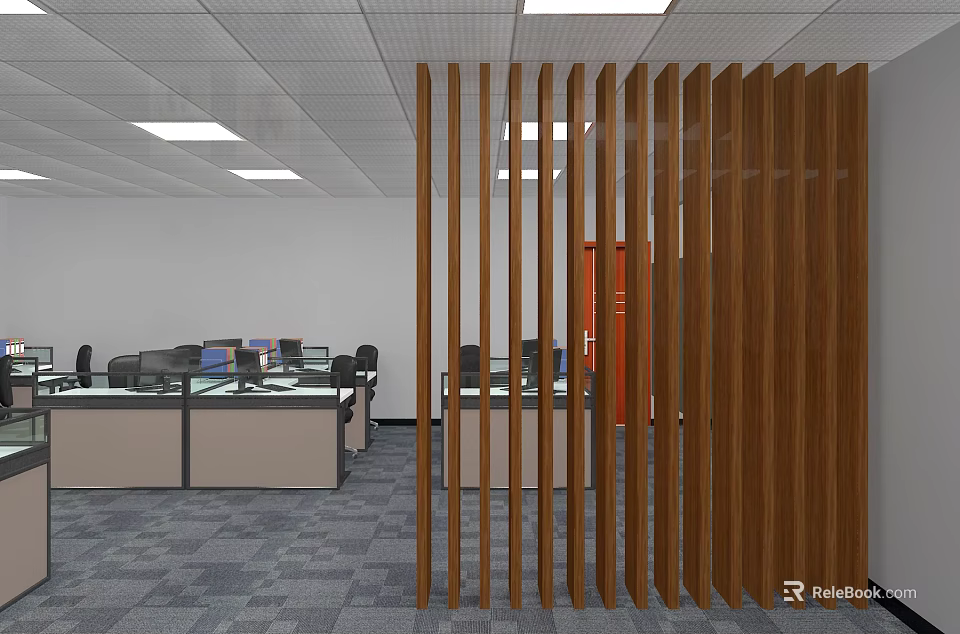 Modern Public Office Space With Wooden Slat Partition Office Desks Computers And Ceiling Lights 3d model 