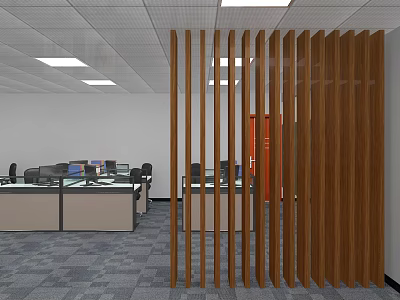 Modern Public Office Space With Wooden Slat Partition Office Desks Computers And Ceiling Lights 3d model
