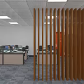 Modern Public Office Space With Wooden Slat Partition Office Desks Computers And Ceiling Lights