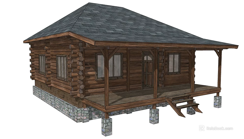 Log Cabin With Gray Roof Porch Steps Log Walls And Stone Pillars 3d model 