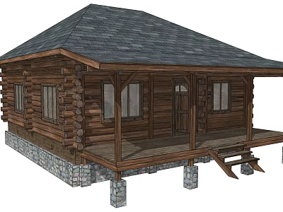 Log Cabin With Gray Roof Porch Steps Log Walls And Stone Pillars 3d model