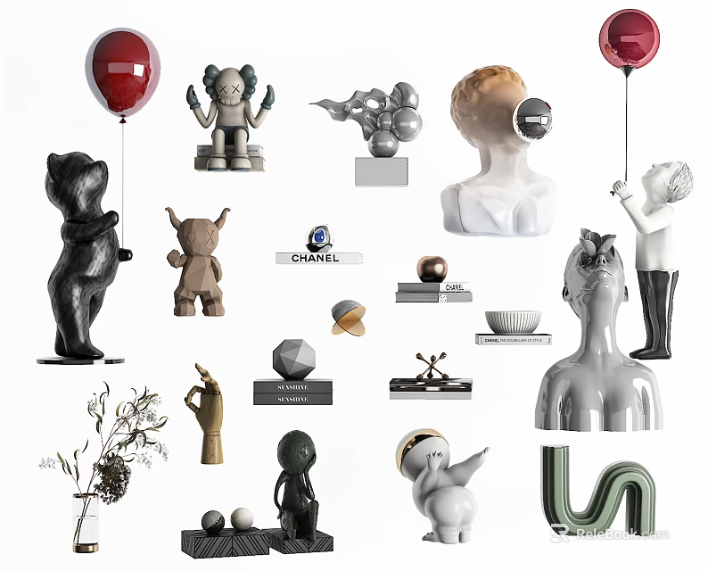 Decorative Ornaments Set with Various Sculptures Animal Figures Geometric Shapes Vase Abstract and Letter Decorations 3d model 