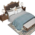 Double Bed with Ornate Carved Headboard Nightstands Table Lamps Front Bench on Decorative Rug