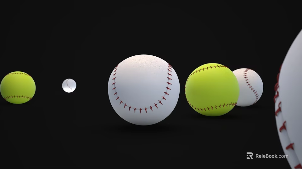 Sports Equipment Collection Featuring White And Yellow Balls With Red Stitching On Black Background 3d model 