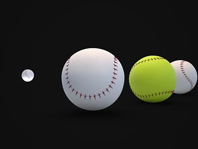 Sports Equipment Collection Featuring White And Yellow Balls With Red Stitching On Black Background 3d model