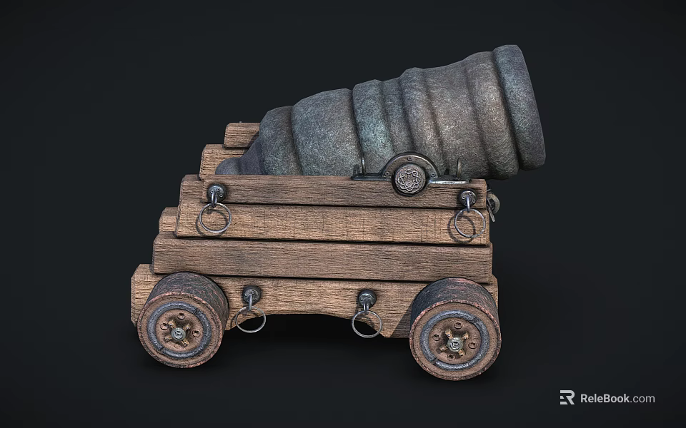 Antique Cannon With Wooden Carriage Metal Barrel And Iron Wheels 3d model 