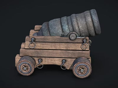 Antique Cannon With Wooden Carriage Metal Barrel And Iron Wheels 3d model