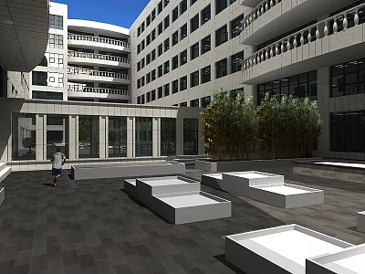 Courtyard Garden Landscape with Surrounding Buildings Paved Ground Stepped Seats and Green Plants 3d model