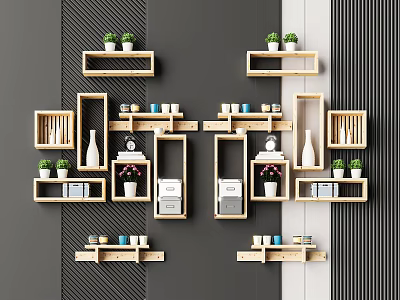 Modern Interior Wall Design With Stylish Wall Cabinets Decorative Plants And Vases 3d model