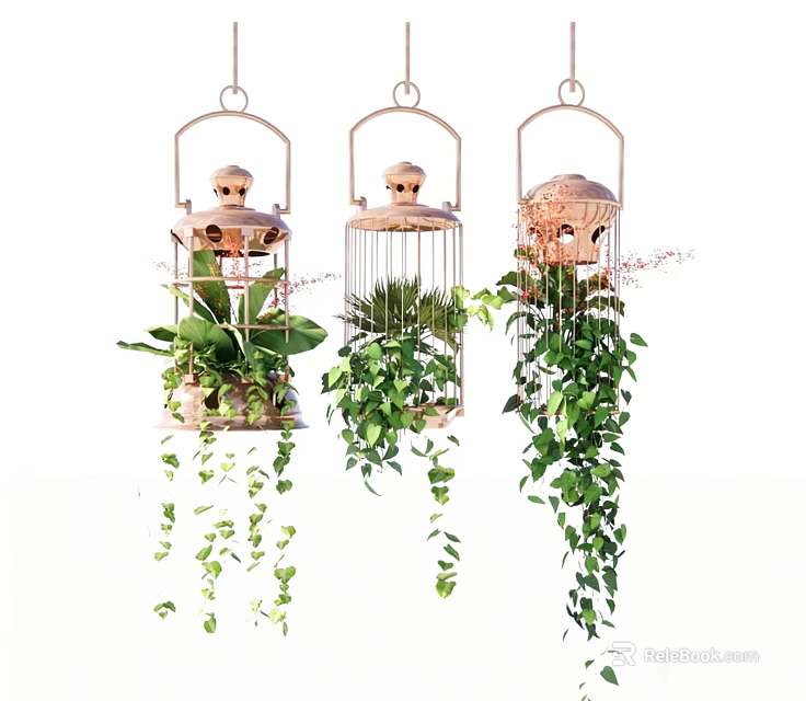 Stylish Hanging Planters With Green Trailing Plants And Decorative Designs 3d model 
