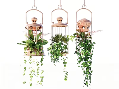Stylish Hanging Planters With Green Trailing Plants And Decorative Designs 3d model