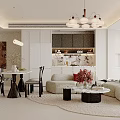 Modern Living Dining Room Interior With Beige Sofa Dining Table Coffee Table And Chandelier