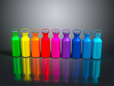 Colorful Water Bottles Arranged in a Row with Vibrant Hues for Daily Use 3d model