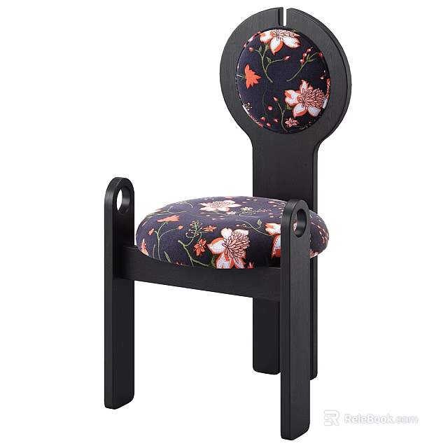 Stylish Single Chair With Black Wooden Frame Floral Patterned Cushion And Backrest Design 3d model 
