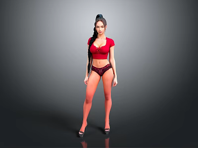 Woman in red top and dark lingerie posing with high heels on gray background 3d model