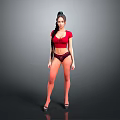 Woman in red top and dark lingerie posing with high heels on gray background