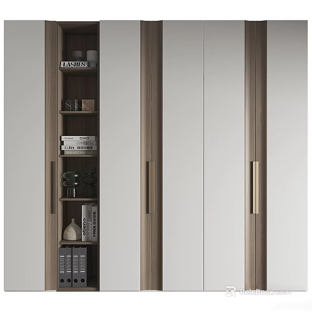 Modern Wooden Wardrobe With Sliding Mirror Doors And Side Bookshelf Decorations 3d model 