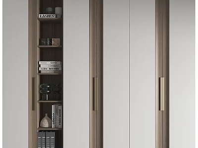 Modern Wooden Wardrobe With Sliding Mirror Doors And Side Bookshelf Decorations 3d model