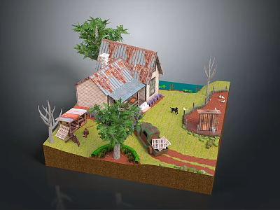 Cartoon Countryside Scene With Small House Rusty Roof Trees Black Dog And Old Truck 3d model
