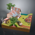 Cartoon Countryside Scene With Small House Rusty Roof Trees Black Dog And Old Truck