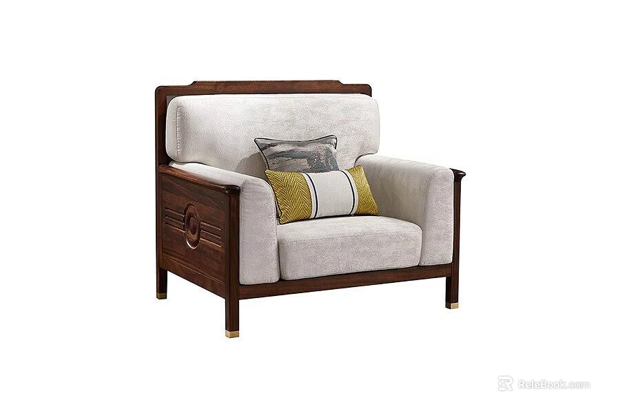 Modern Single Sofa With Wooden Frame Light Colored Cushion And Decorative Throw Pillows 3d model