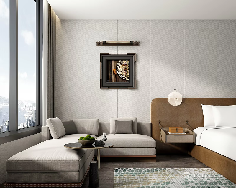 Modern Hotel Guest Room Featuring Large Bed L Shaped Sofa City View And Decorative Painting 3d model 
