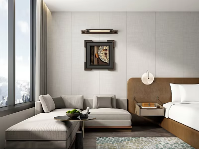 Modern Hotel Guest Room Featuring Large Bed L Shaped Sofa City View And Decorative Painting 3d model