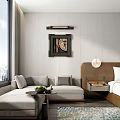 Modern Hotel Guest Room Featuring Large Bed L Shaped Sofa City View And Decorative Painting