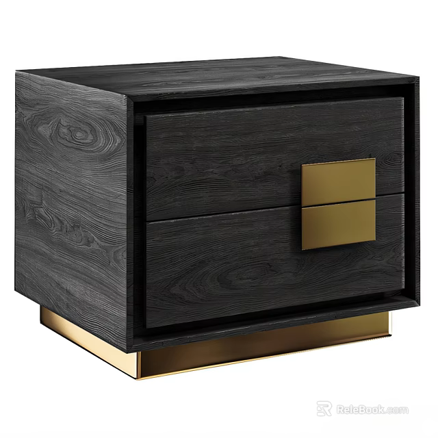Modern Black Wooden Nightstand With Two Drawers And Gold Handles On Gold Base 3d model 
