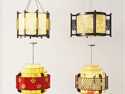 Chinese Style Chandeliers Featuring Traditional Patterns And Colorful Shades 3d model