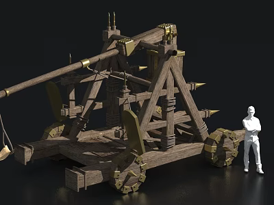 Decorative Garden Ornament Trebuchet Model With Wooden Structure Metal Accents And Scale Figure 3d model