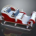 Elegant Red Christmas Sleigh With Blue Seats And Metal Frame Accents
