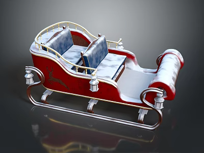 Elegant Red Christmas Sleigh With Blue Seats And Metal Frame Accents 3d model
