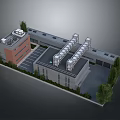 Aerial View Of Industrial Building Landscape With Red Brick Walls Gray Roof And Green Trees