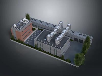 Aerial View Of Industrial Building Landscape With Red Brick Walls Gray Roof And Green Trees 3d model