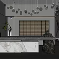 Modern Reception Desk with Marble Countertop Display Wall Hanging Pendant Lights Sculpture and Potted Plant