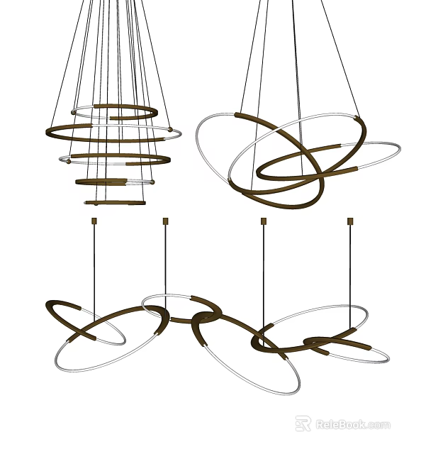 Modern Stylish Chandelier Featuring Intertwined Circular Metal Rings And Suspended Design 3d model 