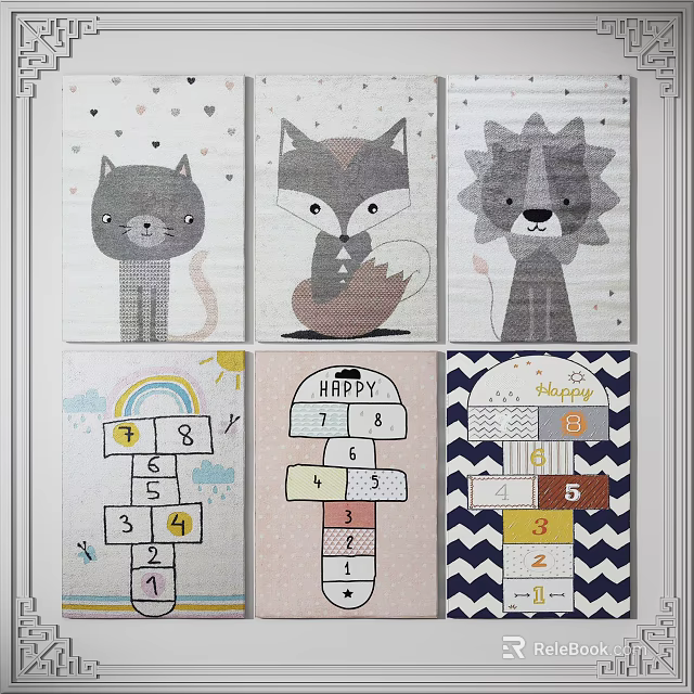 Square Area Rugs With Cute Animal Prints Number Ladders Rainbow Sun And Happy Letters 3d model 