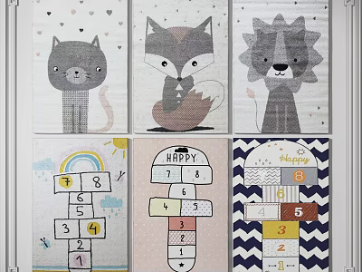 Square Area Rugs With Cute Animal Prints Number Ladders Rainbow Sun And Happy Letters 3d model