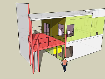 Modern Residential Building With Green White Red Exterior And Balcony Design 3d model