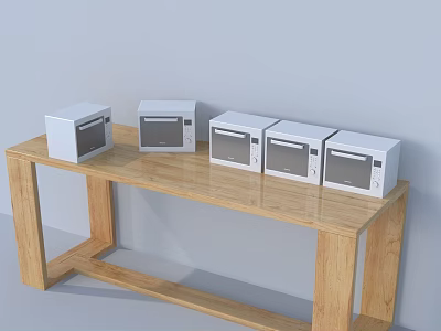 Five White Microwaves On Wooden Table Against Light Blue Wall Kitchen Appliances 3d model