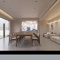 Modern Restaurant Interior With Long Dining Table Chairs Sofa Plants And Large Windows