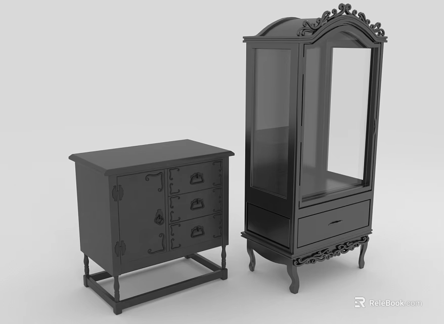 Two black vintage tall and low storage cabinets featuring carved details glass door and drawers 3d model 