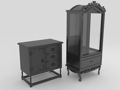 Two black vintage tall and low storage cabinets featuring carved details glass door and drawers 3d model