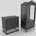 Two black vintage tall and low storage cabinets featuring carved details glass door and drawers