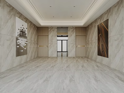 Modern Front Desk Reception Area With Marble Walls And Decorative Paintings 3d model