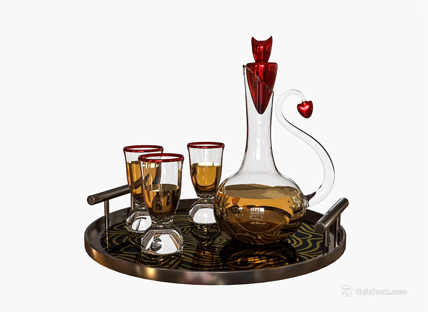 Elegant Wine Decanter With Red Accents And Glasses On Tray 3d model 