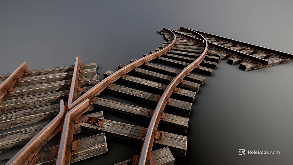 Detailed Curved Railway Tracks Structure With Wooden Sleepers And Metal Rails 3d model 