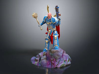 Detailed Character In Blue Armor Holding Hammer And Gun Standing On Rock Base 3d model