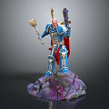 Detailed Character In Blue Armor Holding Hammer And Gun Standing On Rock Base